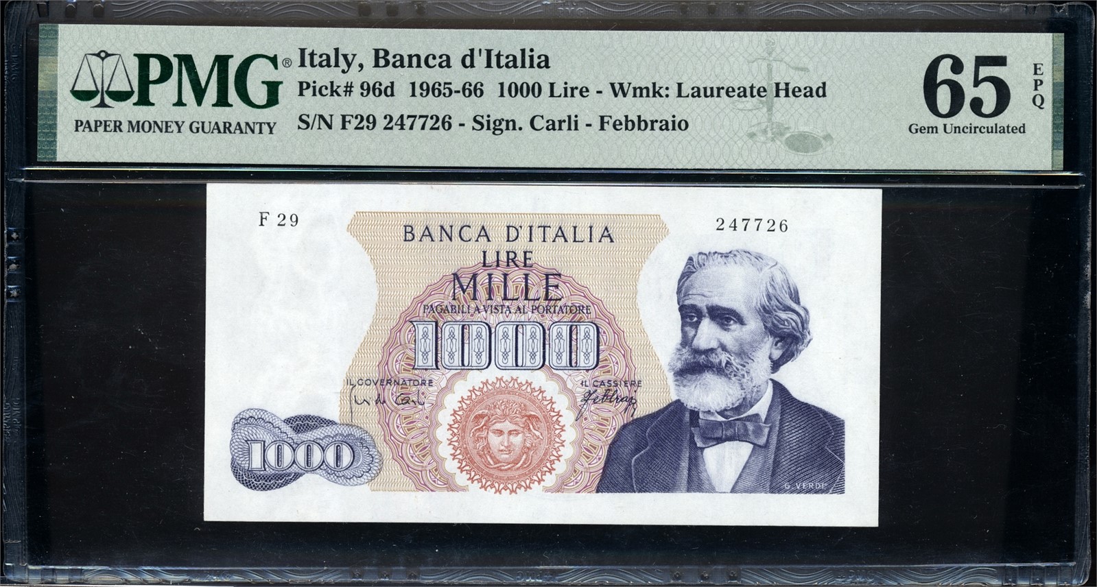 ITALY. 1000 Lire 1965-66 F29 247726 PMG 65EPQ