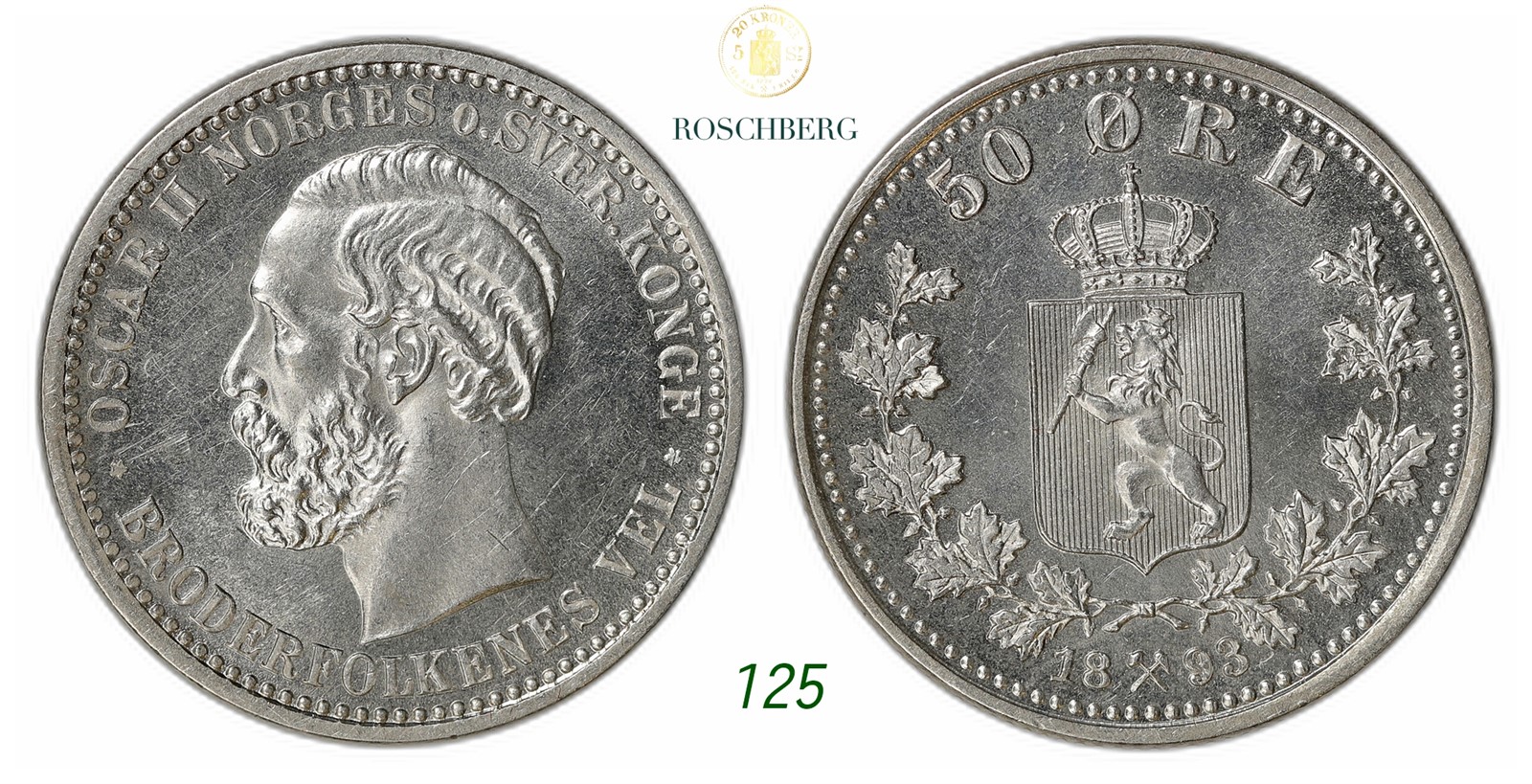 NORWAY. Oscar II. 50 Øre 1893.