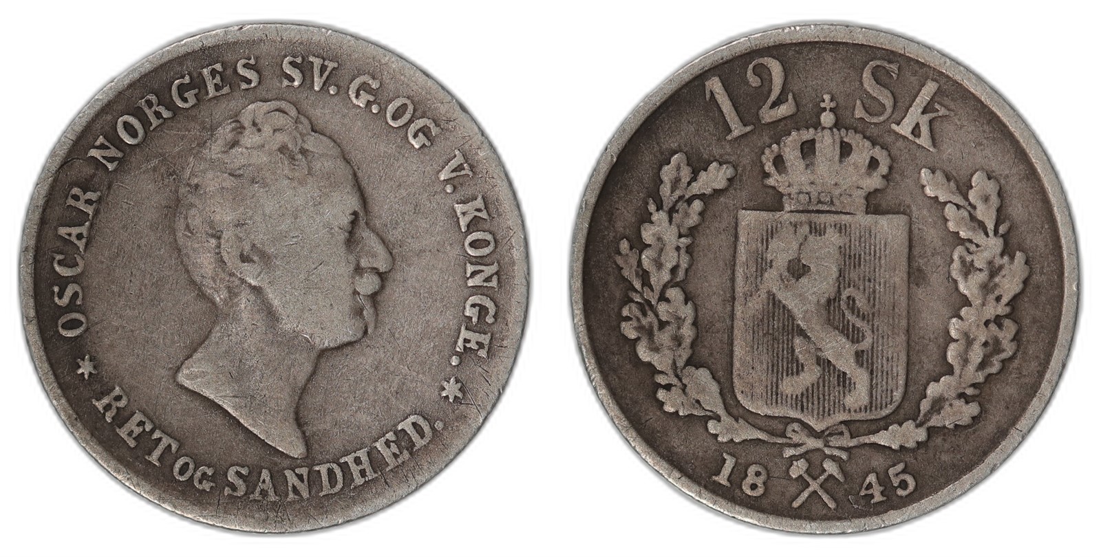 NORWAY. Oscar I. 12 Skilling. 1845. Kv 1- (VG).
