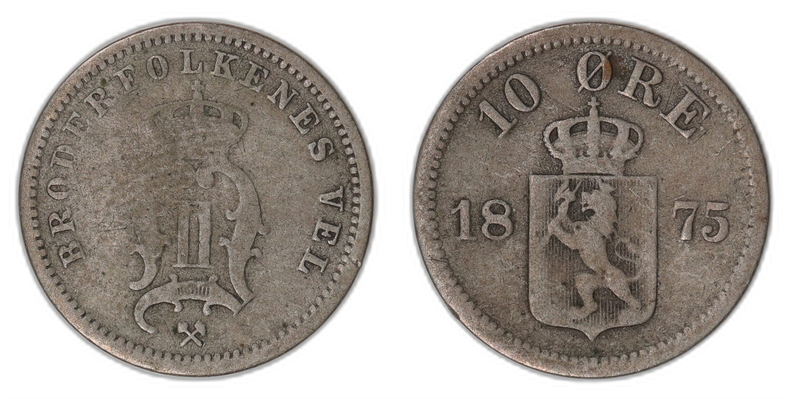 NORWAY. Oscar II. 10 Øre. 1875. Kv 1 (VF).