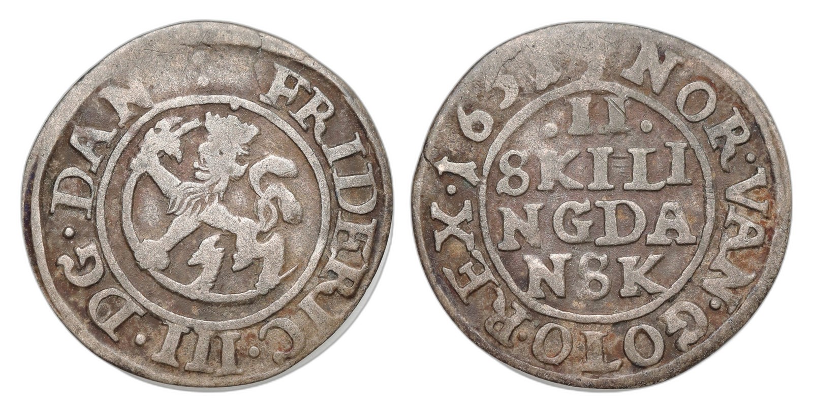 Norway. Frederik III. 2 Skilling 1651/0. Kv 1.