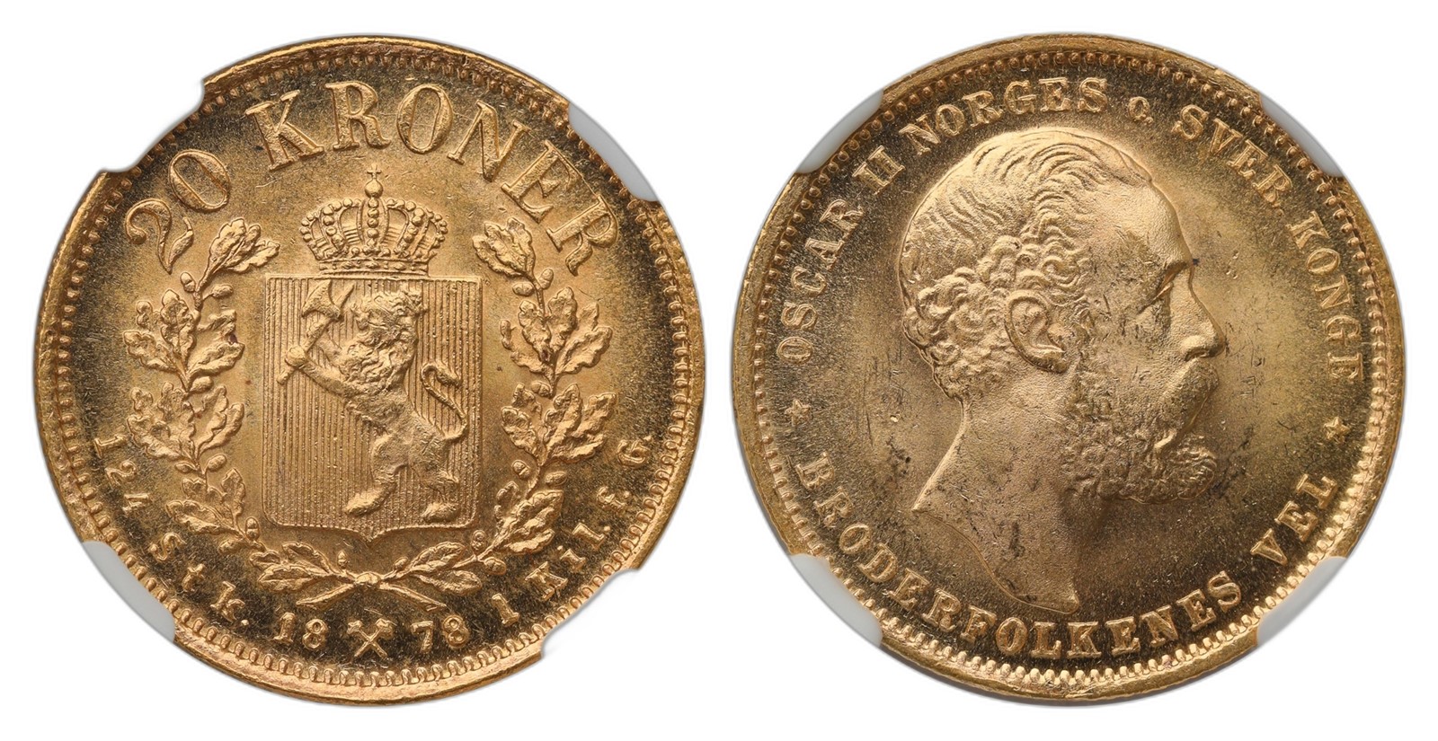 Norway. Oscar II. 20 Kroner Gold 1878. Kv NGC MS64.