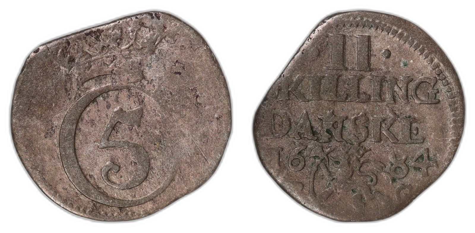 NORWAY. Christian V. 2 Skilling. 1684-PG. Kv 1(VF).