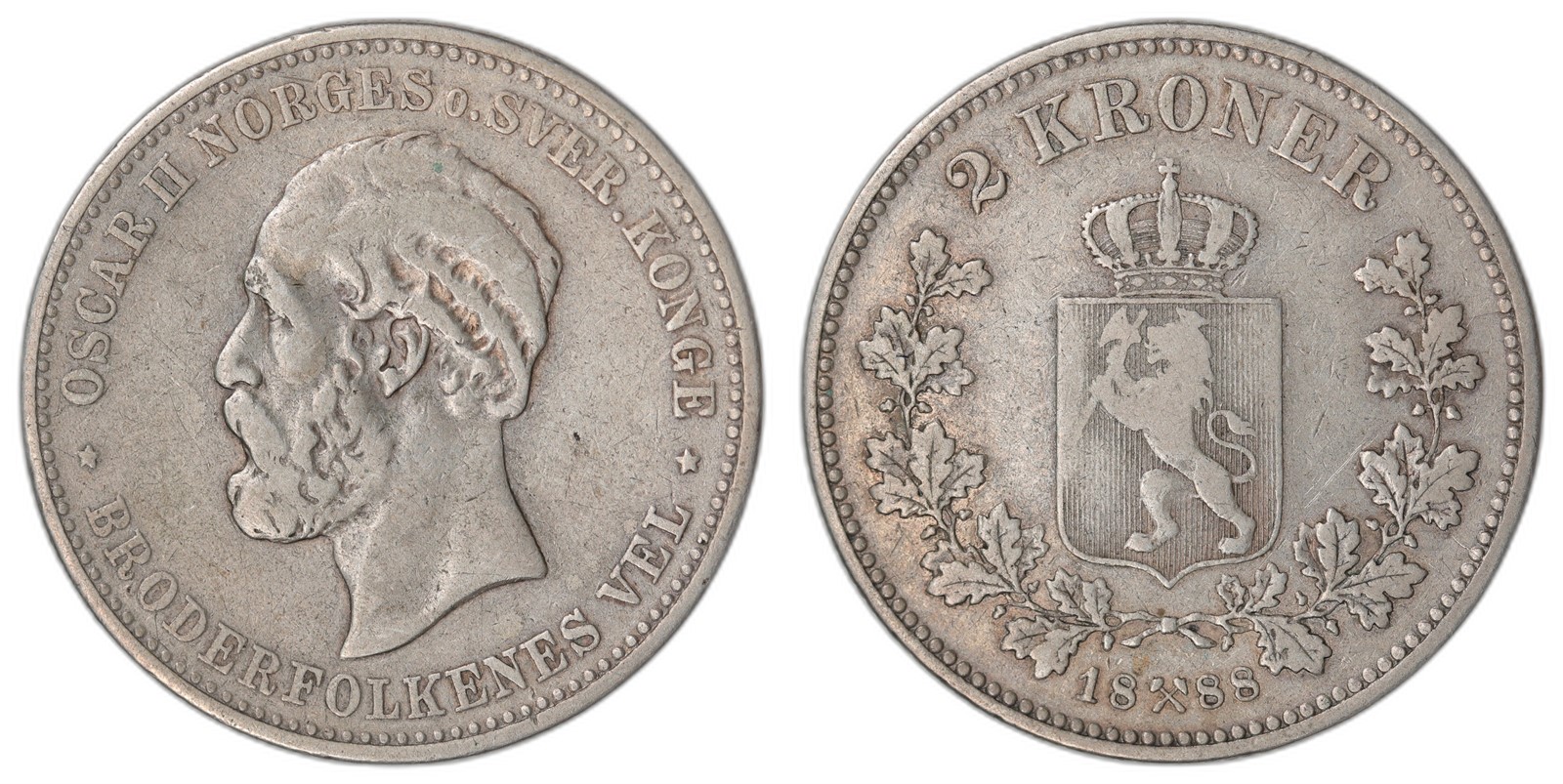 NORWAY. Oscar II. 2 Kroner 1888. Kv 1/1+ (VF).