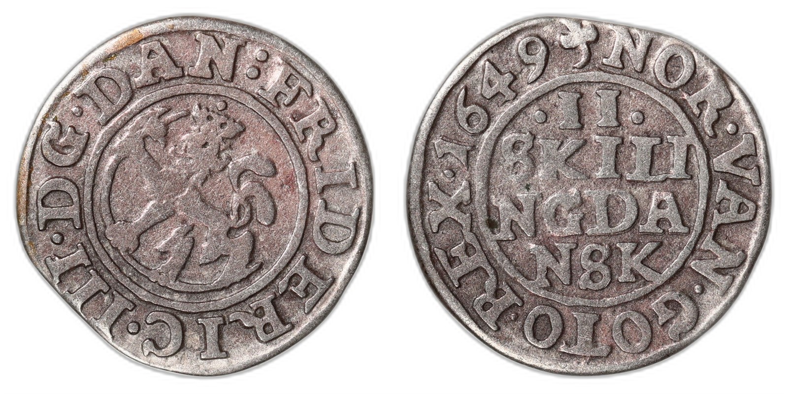 NORWAY. Christian IV. 2 Skilling. 1649. Kv 1 (VF).