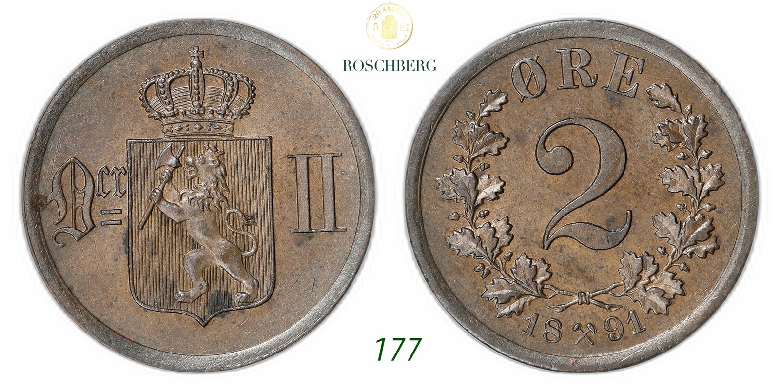 NORWAY. Oscar II. 2 Øre 1891.