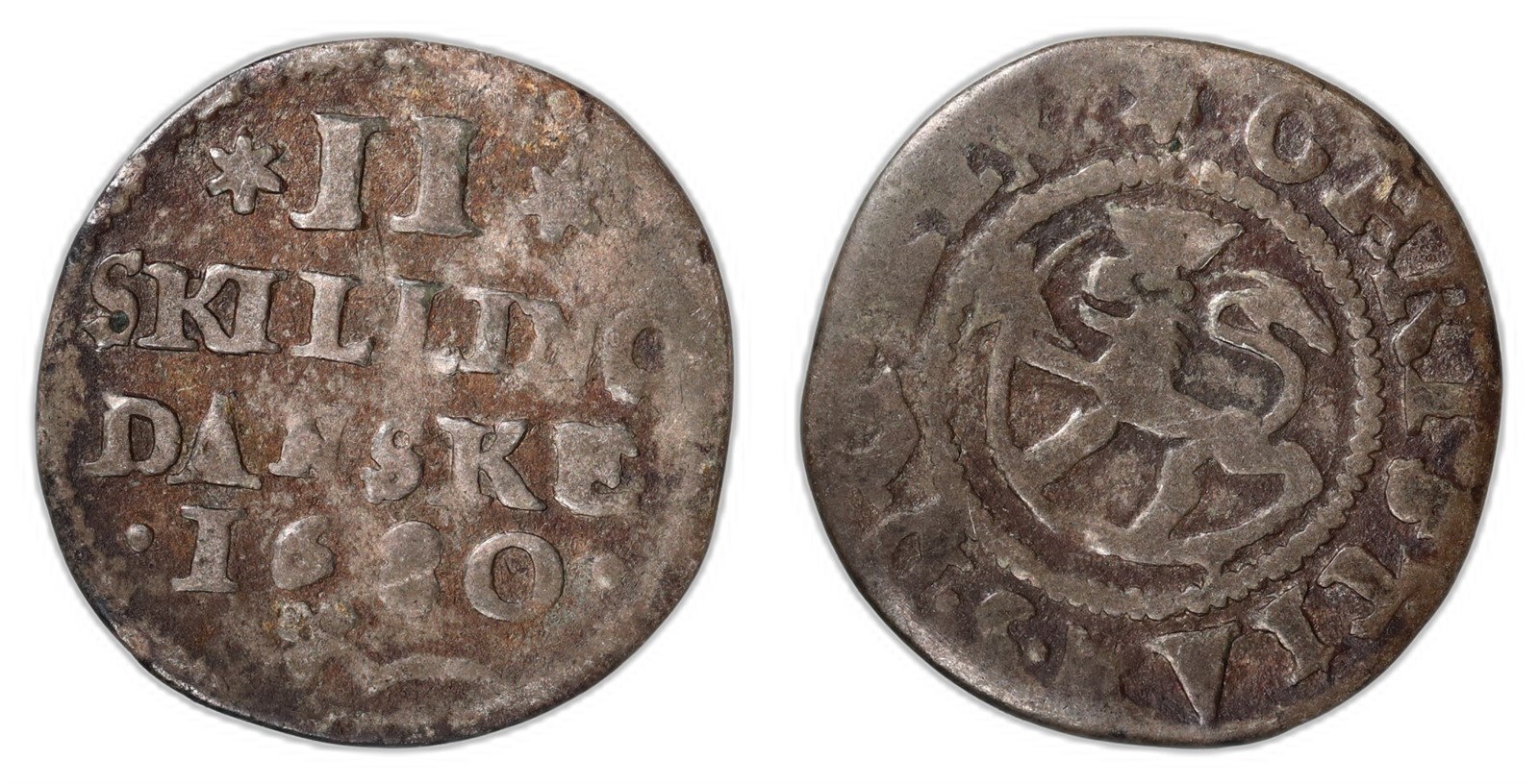 NORWAY. Christian V. 2 Skilling. 1680. Kv 1- (F).