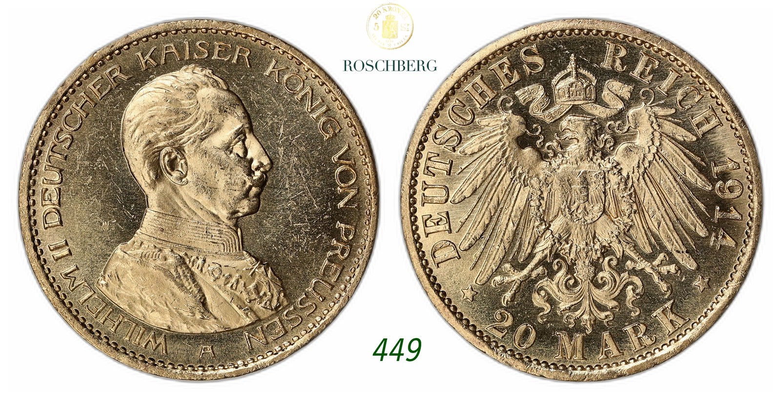 GERMANY, Prussia. Wilhelm II. 20 Mark Gold 1914-A.