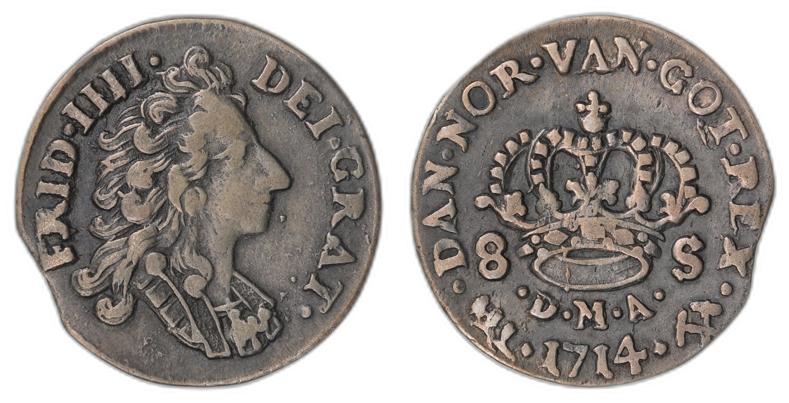 NORWAY. Fredrik IV. 8 Skilling 1714. Kv 1+ (XF).