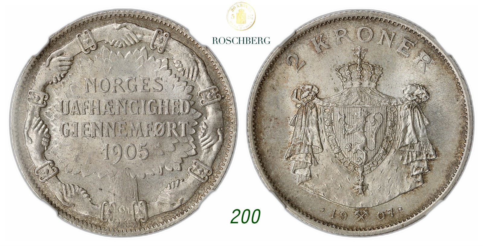 NORWAY. Haakon VII. 2 Kroner 1907.