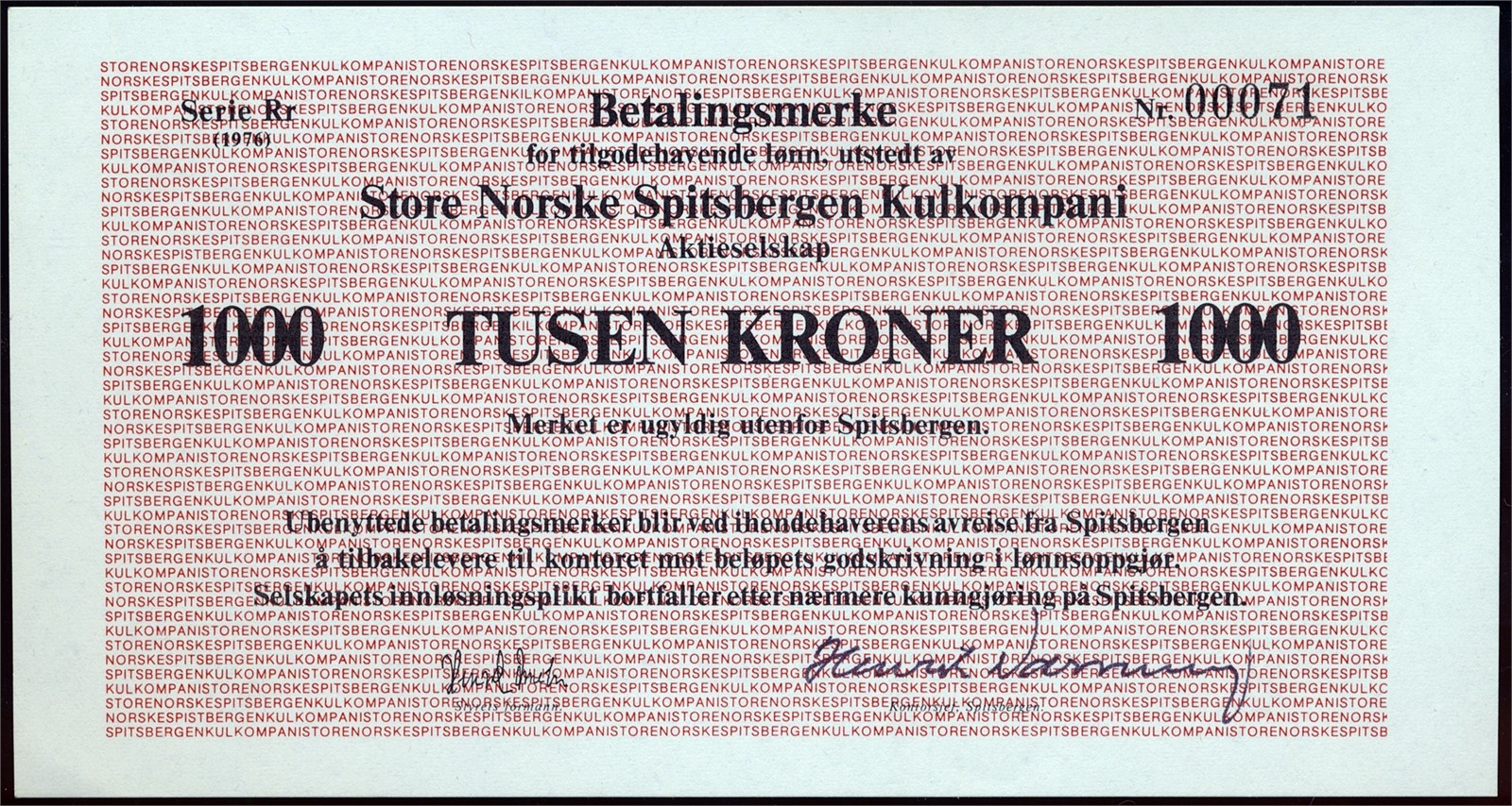 STORE NORSKE SPITSBERGEN KULKOMPANI. 1000 Kroner 1976 Rr. Kv 0 (UNC).