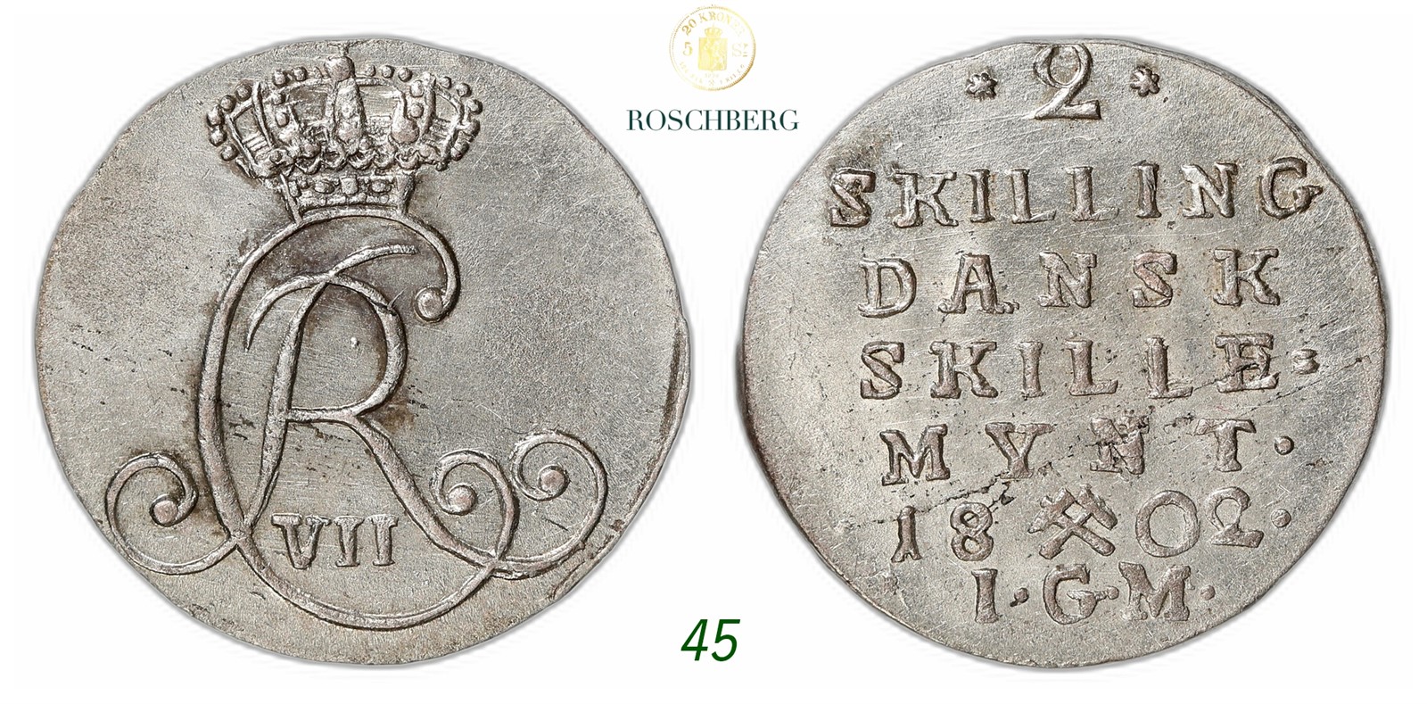 NORWAY. Christian VII. 2 Skilling 1802-IGM.