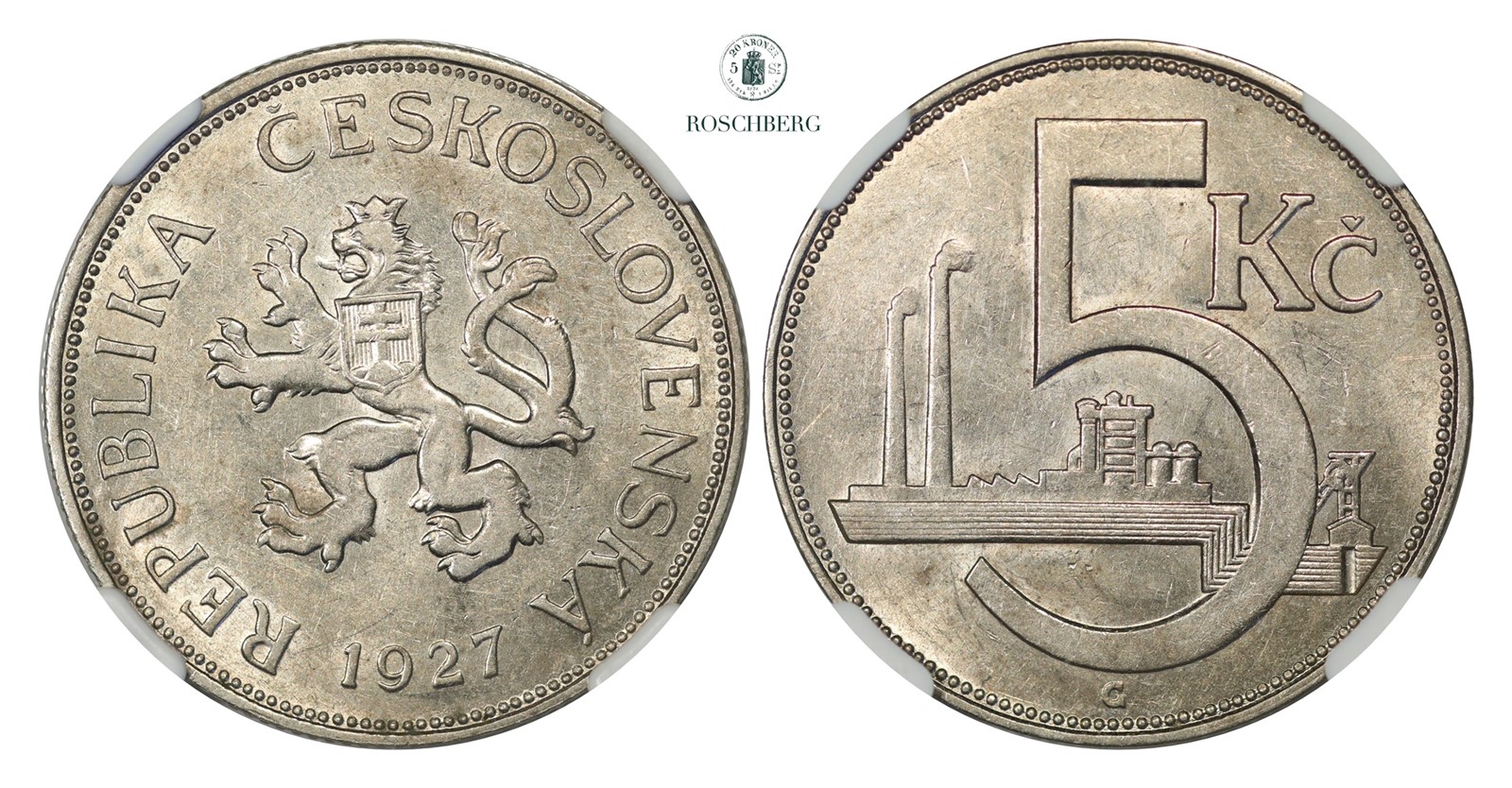 CZECHOSLOVAKIA. 5 Korun 1927 NGC AU58