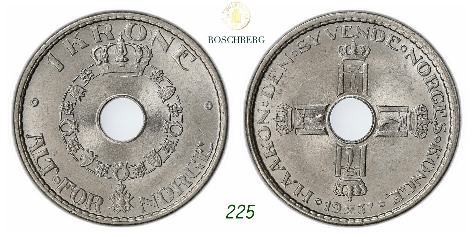 NORWAY. Haakon VII. 1 Krone 1937.