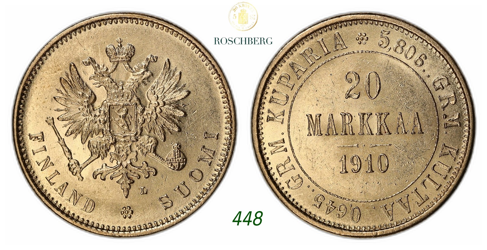 FINLAND. Nikolai II. 20 Markkaa Gold 1910-L.
