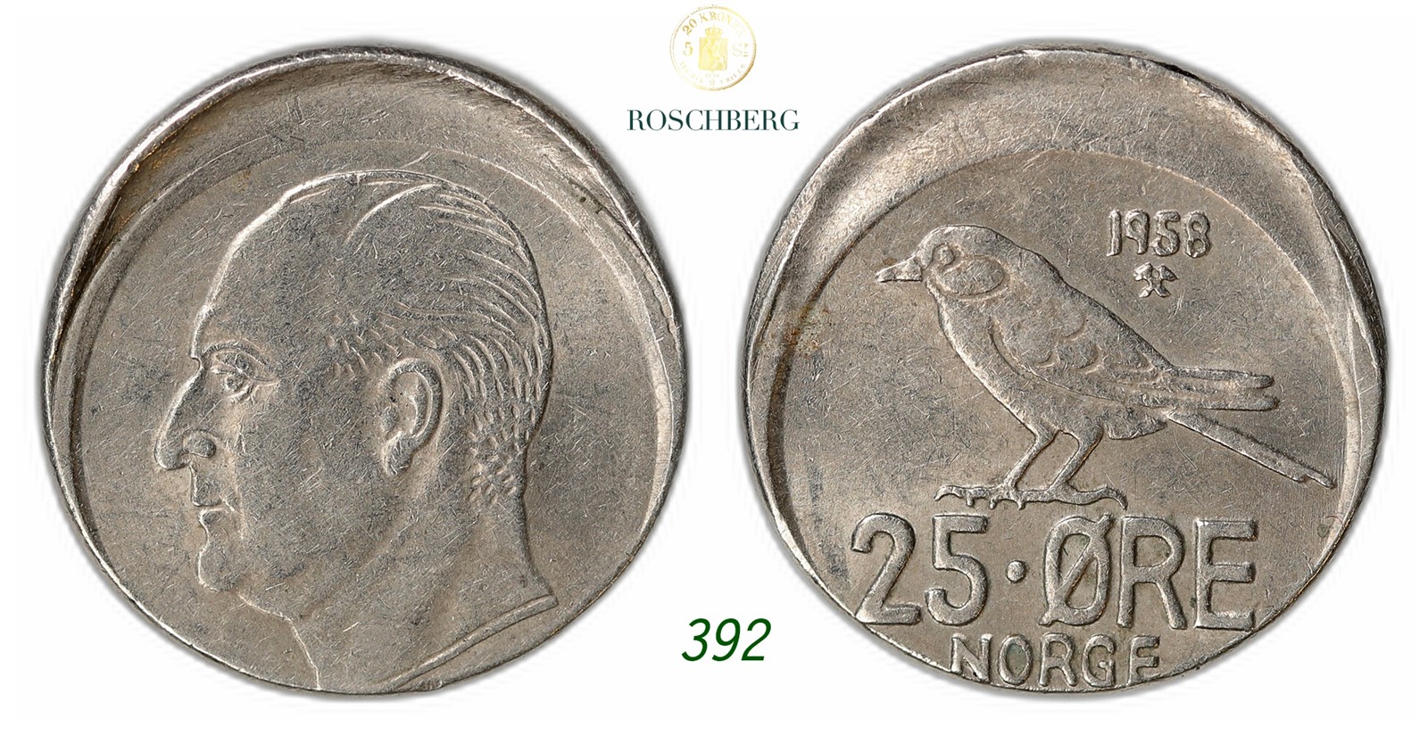 NORWAY. Olav V. 25 Øre 1958- Mint Error.