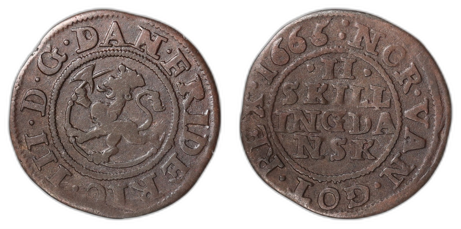 NORWAY. Frederik III. 2 Skilling. 1665. Kv 1 (VF).