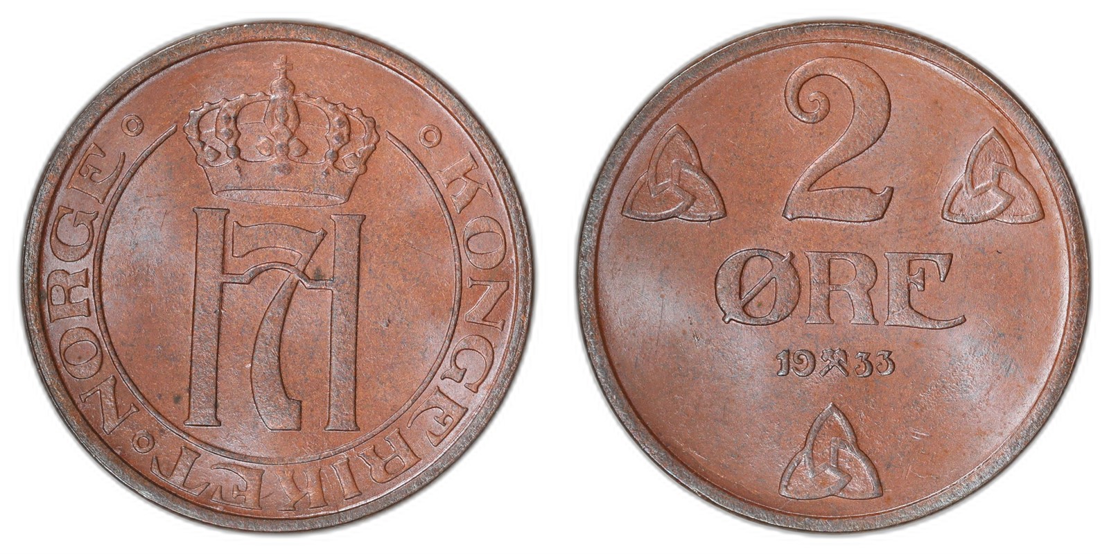NORWAY. Haakon VII. 2 Øre 1933. Kv 0 (UNC).