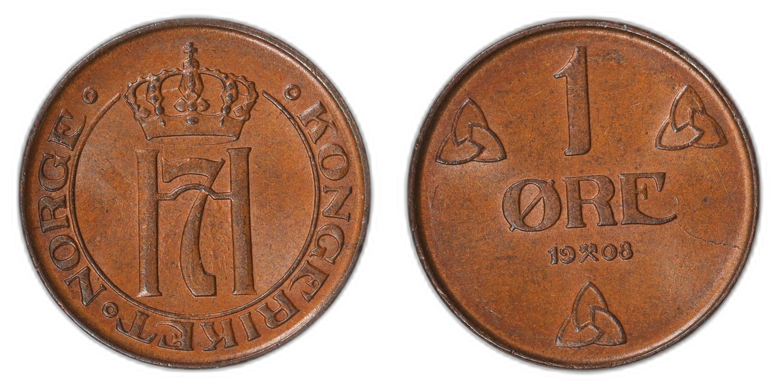 NORWAY. Haakon VII. 1 Øre. 1908. Kv 0 (UNC).